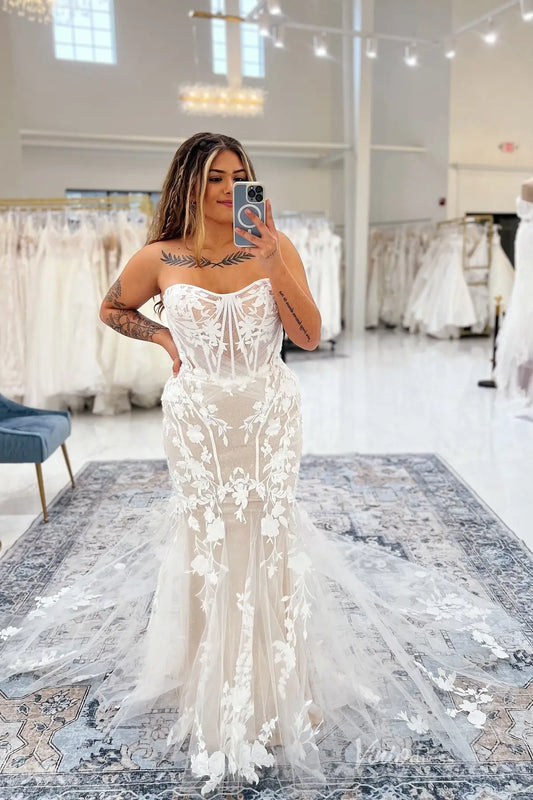 Ethereal Strapless 3D Floral Lace Mermaid Wedding Dress with Sweetheart Neckline & Sheer Corset Bodice – ML179