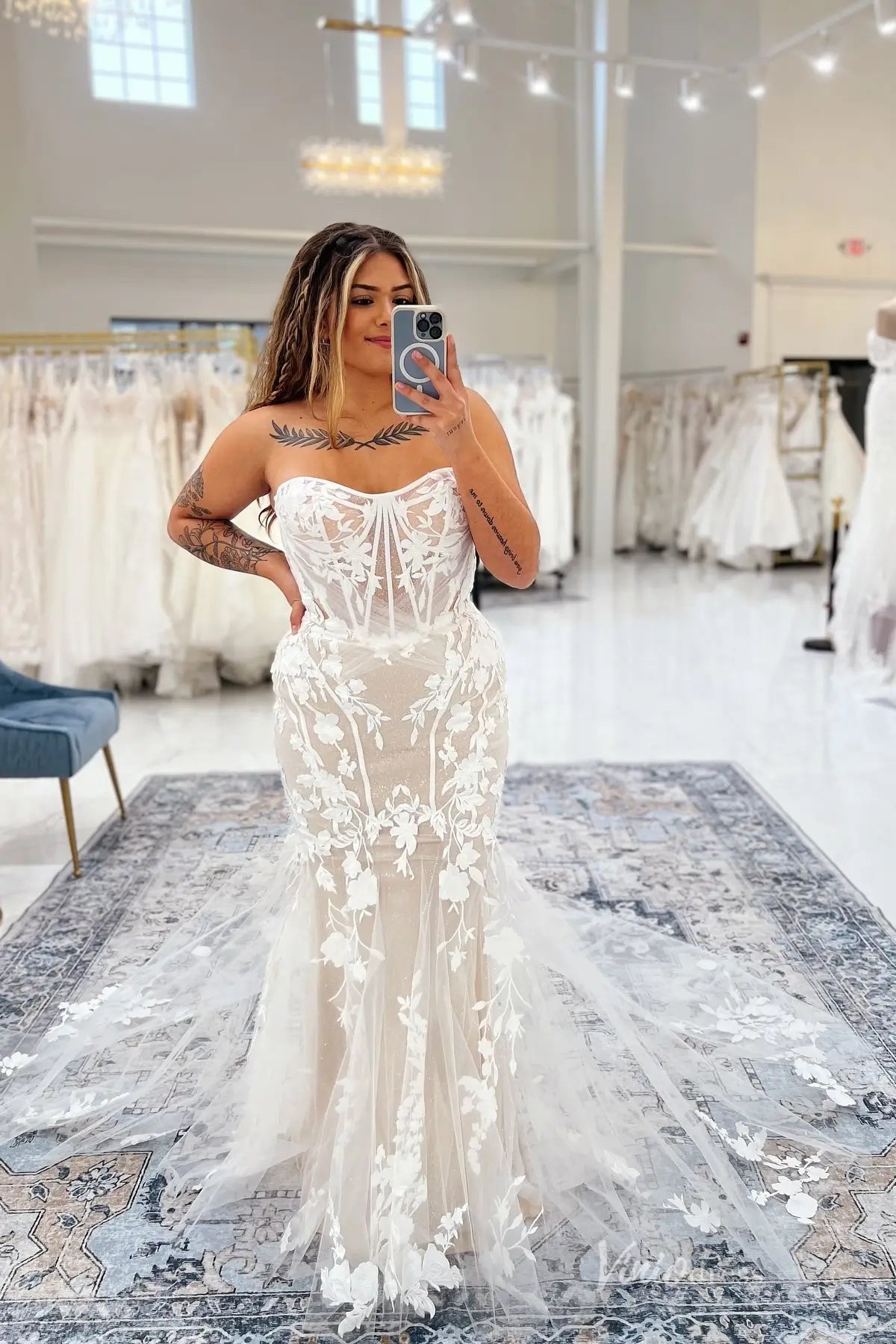 Ethereal Strapless 3D Floral Lace Mermaid Wedding Dress with Sweetheart Neckline & Sheer Corset Bodice – ML179