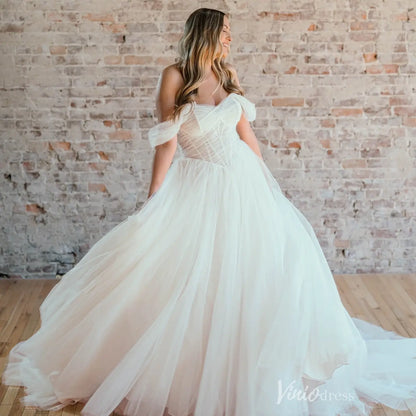Ethereal Tulle Ball Gown Wedding Dress with Draped Off-Shoulder Sleeves, Sheer Corset Bodice & Chapel Train – RM002-wedding dresses 2026-Viniodress-Ivory-Custom Size-