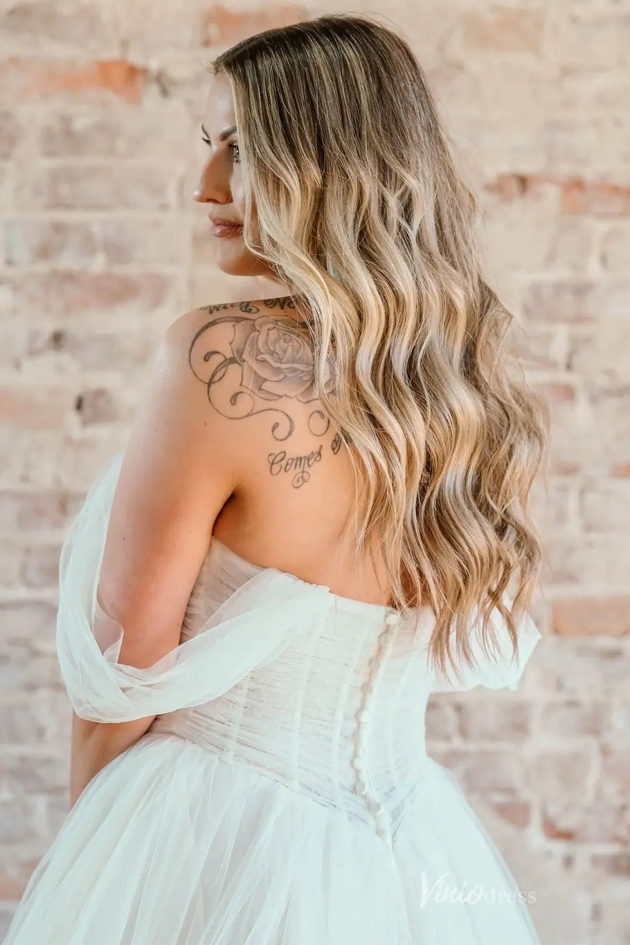 Ethereal Tulle Ball Gown Wedding Dress with Draped Off-Shoulder Sleeves, Sheer Corset Bodice & Chapel Train – RM002-wedding dresses 2026-Viniodress-Ivory-Custom Size-