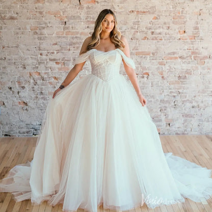 Ethereal Tulle Ball Gown Wedding Dress with Draped Off-Shoulder Sleeves, Sheer Corset Bodice & Chapel Train – RM002