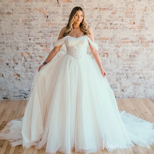 Ethereal Tulle Ball Gown Wedding Dress with Draped Off-Shoulder Sleeves, Sheer Corset Bodice & Chapel Train – RM002