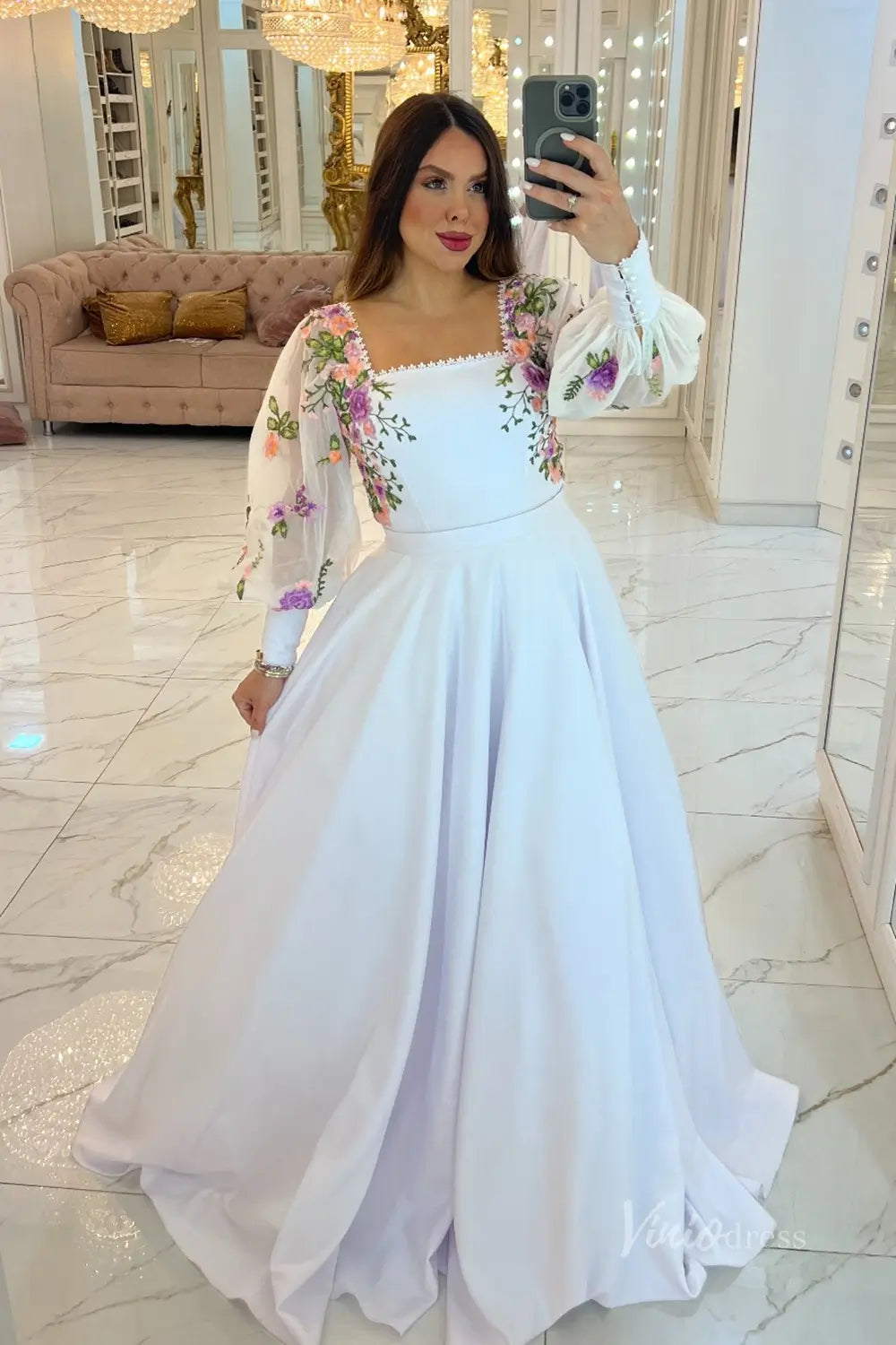 Ethereal White Floral Embroidered Wedding Dress with Square Neckline & Sheer Bishop Sleeves – FW242-wedding dresses 2025 -Viniodress-White-Custom Size-