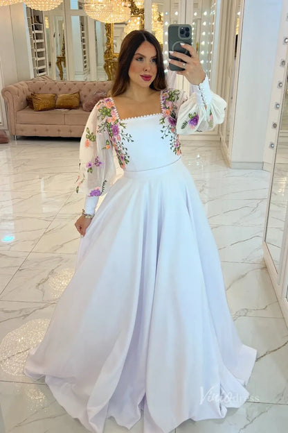 Ethereal White Floral Embroidered Wedding Dress with Square Neckline & Sheer Bishop Sleeves – FW242-wedding dresses 2025 -Viniodress-White-Custom Size-