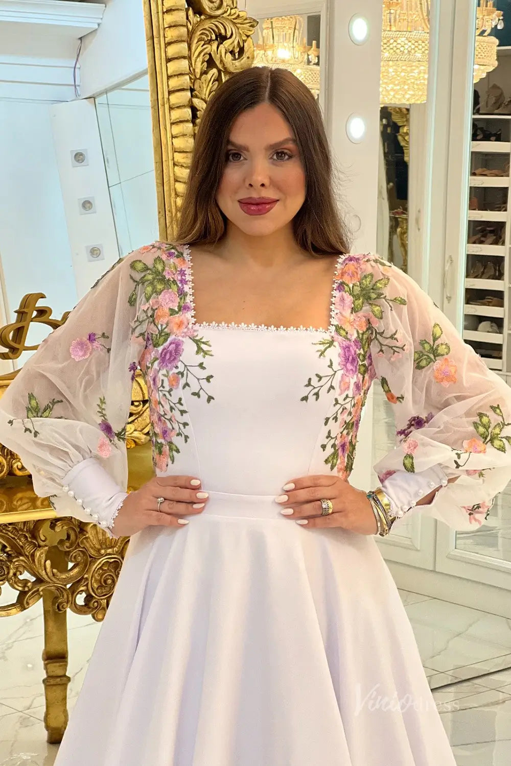 Ethereal White Floral Embroidered Wedding Dress with Square Neckline & Sheer Bishop Sleeves – FW242-wedding dresses 2025 -Viniodress-White-Custom Size-