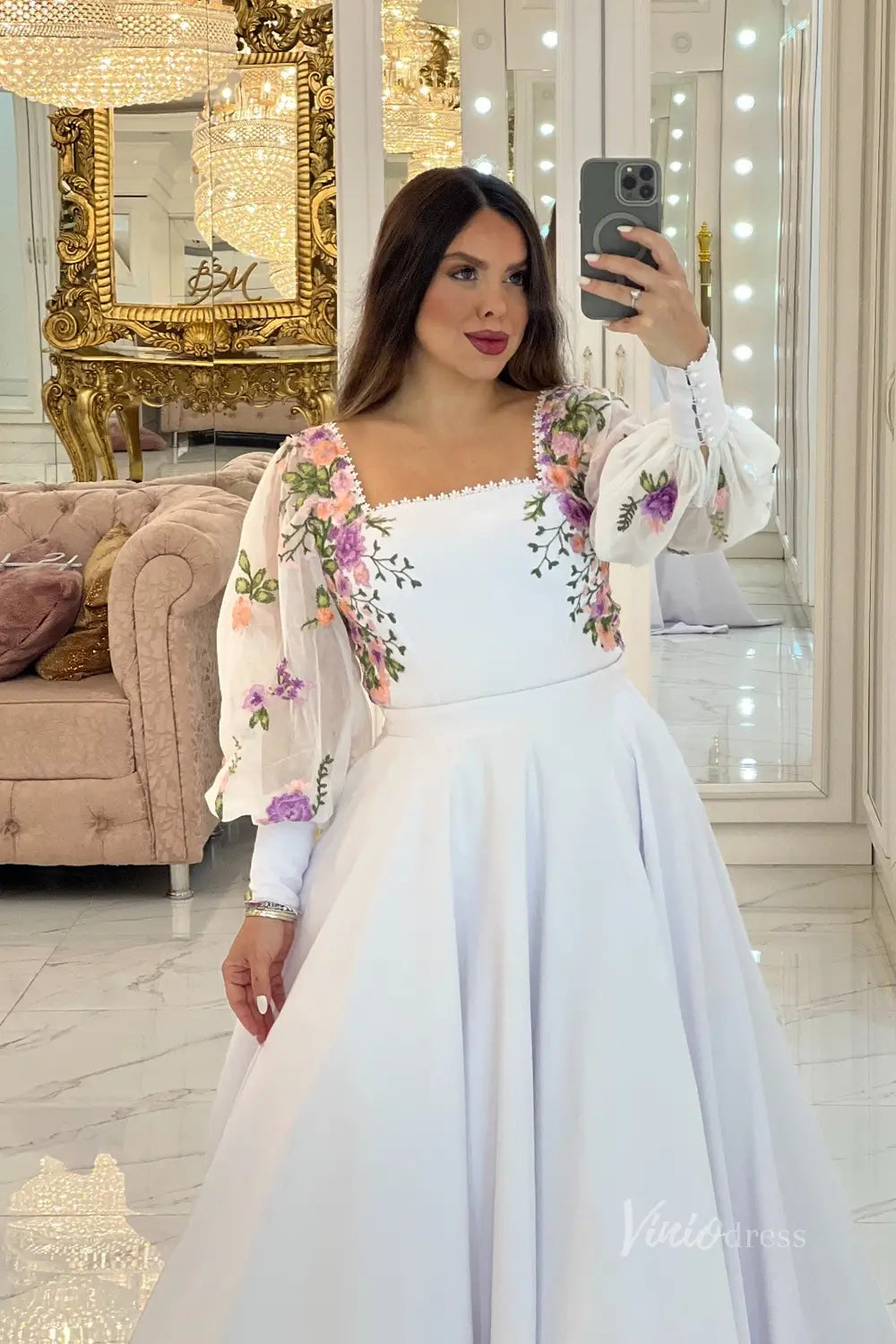 Ethereal White Floral Embroidered Wedding Dress with Square Neckline & Sheer Bishop Sleeves – FW242-wedding dresses 2025 -Viniodress-White-Custom Size-