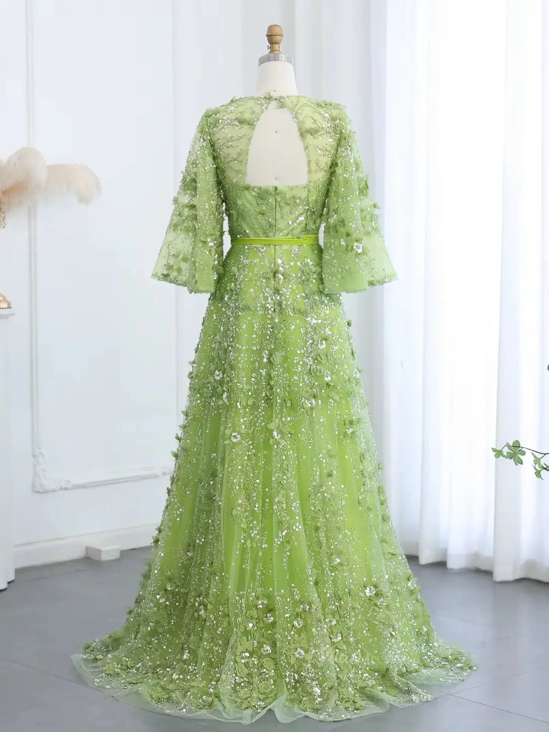 Apple Green Ethereal Prom Dresses Sparkly Floral Formal Dresses, Elbow Sleeves BD048 - ViniodressEvening DressesLight GreenCustom Size - Formal Dresses - Ball Gowns