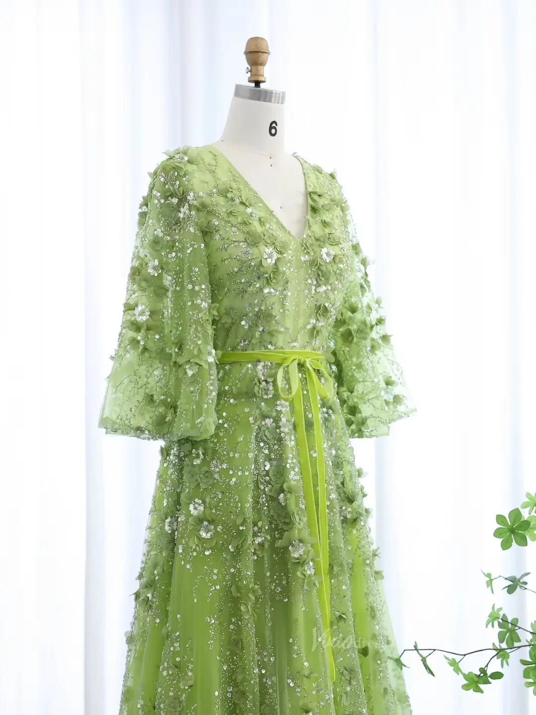 Apple Green Ethereal Prom Dresses Sparkly Floral Formal Dresses, Elbow Sleeves BD048 - ViniodressEvening DressesLight GreenCustom Size - Formal Dresses - Ball Gowns