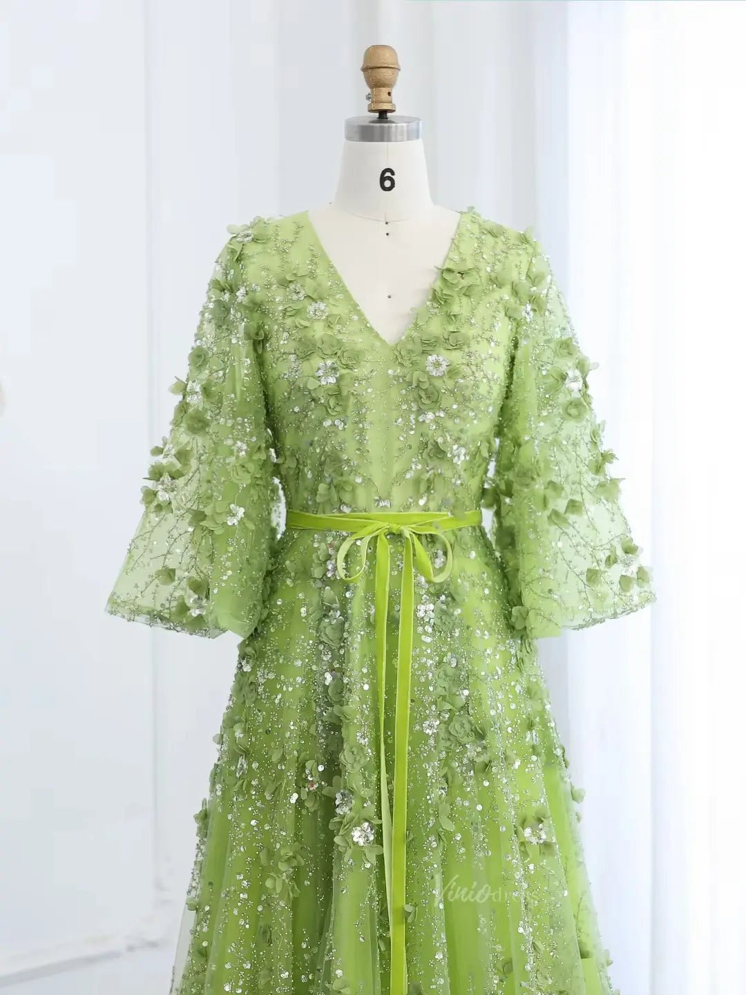 Apple Green Ethereal Prom Dresses Sparkly Floral Formal Dresses, Elbow Sleeves BD048 - ViniodressEvening DressesLight GreenCustom Size - Formal Dresses - Ball Gowns