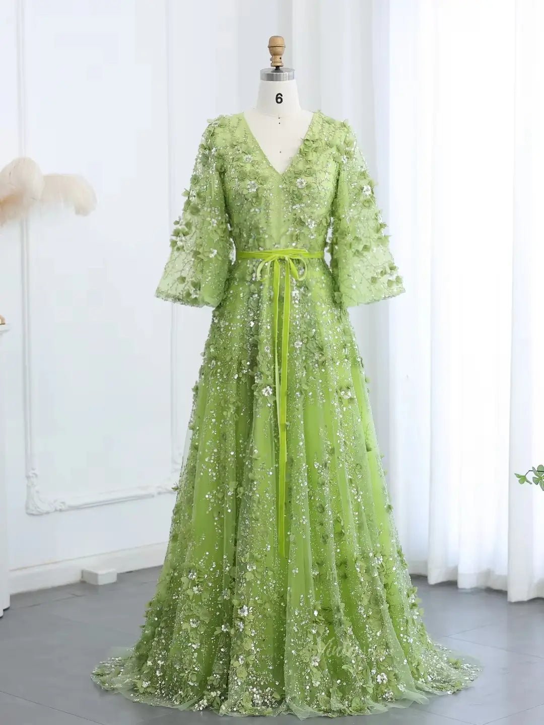 Apple Green Ethereal Prom Dresses Sparkly Floral Formal Dresses, Elbow Sleeves BD048 - ViniodressEvening DressesLight GreenCustom Size - Formal Dresses - Ball Gowns