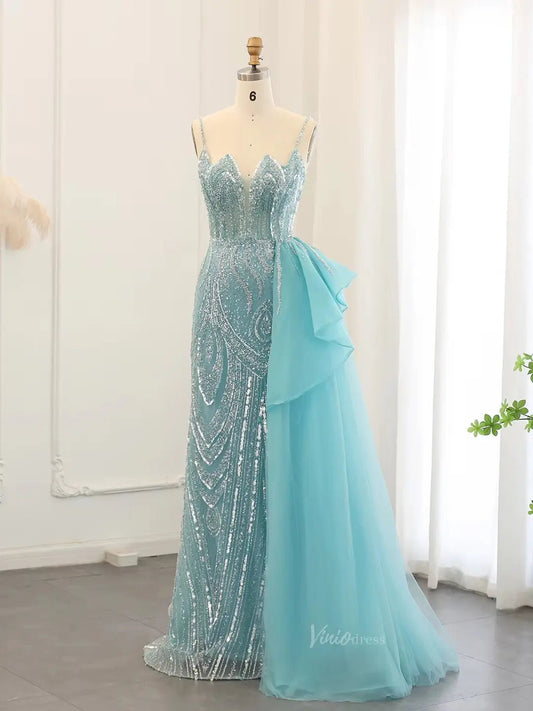 Aqua Overskirt Prom Dresses with Slit Beaded Formal Dresses, Spaghetti Strap BD052 - ViniodressEvening DressesLight GreenUS 2 - Formal Dresses - Ball Gowns