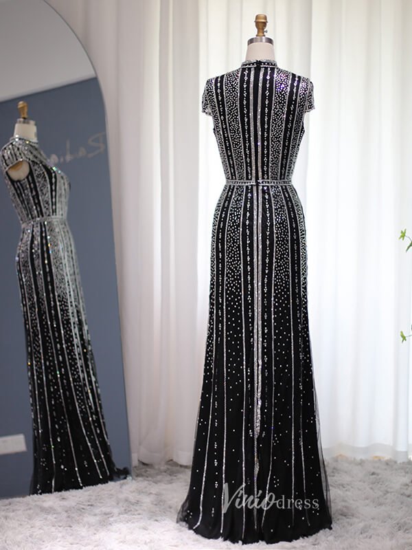 Beaded Black Sheath Evening Dress Cap Sleeve High Neck Prom Dresses 20098 - ViniodressEvening DressesBlackUS 2 - Formal Dresses - Ball Gowns