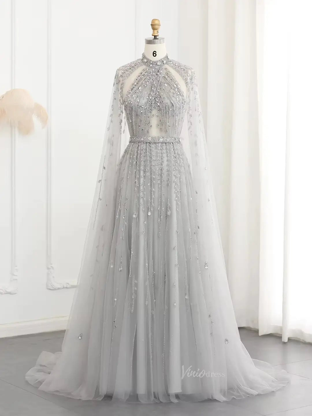 Beaded Cape Sleeve Prom Dresses High Neck Wedding Guest Dress AD1162 - ViniodressEvening DressesGreyUS 2 - Formal Dresses - Ball Gowns