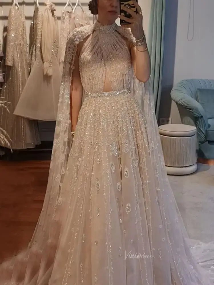 Beaded Cape Sleeve Prom Dresses High Neck Wedding Guest Dress AD1162 - ViniodressEvening DressesPeachUS 2 - Formal Dresses - Ball Gowns