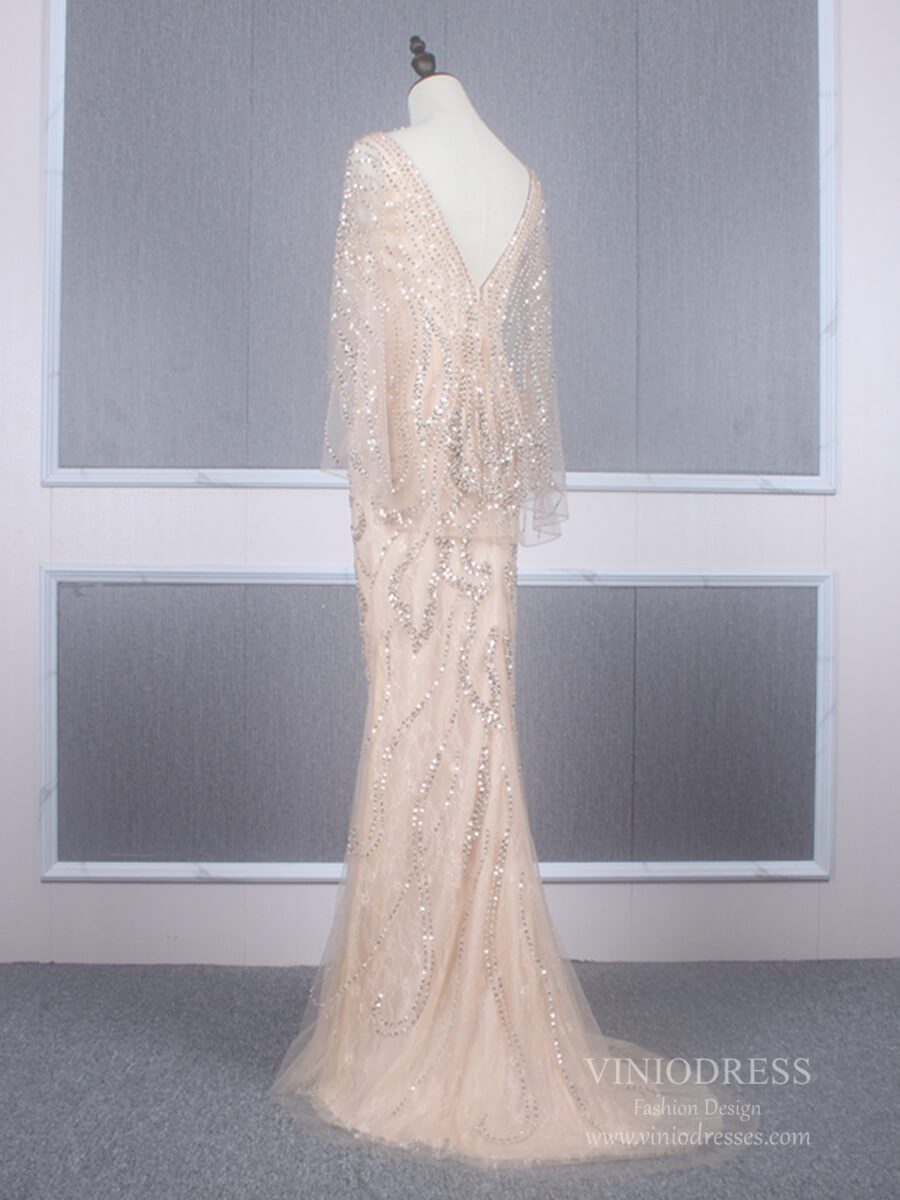 Prom Dress 2025 Beaded Champagne Mermaid Prom Dresses Batwing Sleeve FD2469-unique prom dresses-Champagne-US 2-Viniodress