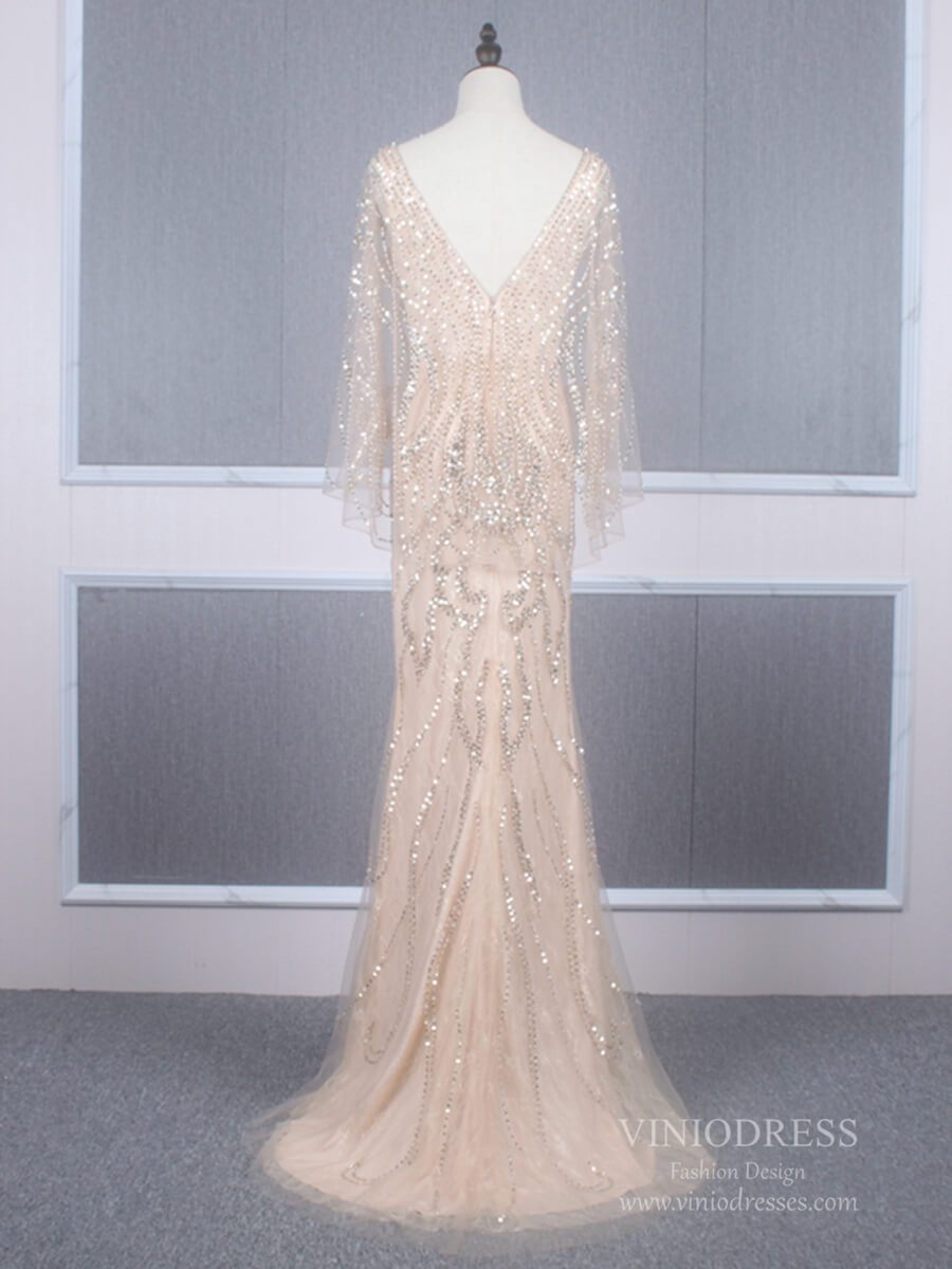 Prom Dress 2025 Beaded Champagne Mermaid Prom Dresses Batwing Sleeve FD2469-unique prom dresses-Champagne-US 2-Viniodress