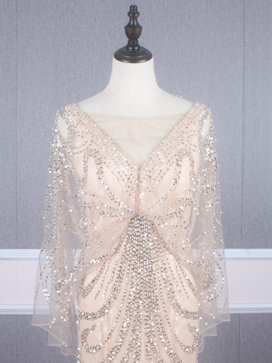 Prom Dress 2025 Beaded Champagne Mermaid Prom Dresses Batwing Sleeve FD2469-unique prom dresses-Champagne-US 2-Viniodress