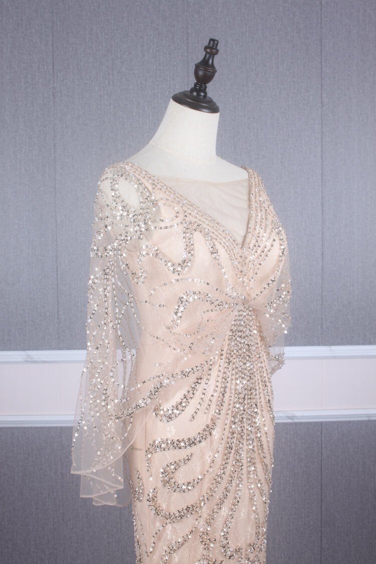 Prom Dress 2025 Beaded Champagne Mermaid Prom Dresses Batwing Sleeve FD2469-unique prom dresses-Champagne-US 2-Viniodress