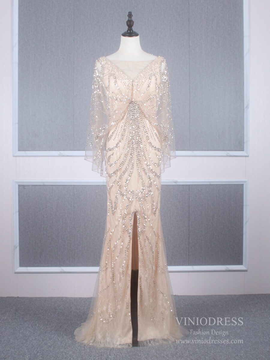 Prom Dress 2025 Beaded Champagne Mermaid Prom Dresses Batwing Sleeve FD2469-unique prom dresses-Champagne-US 2-Viniodress