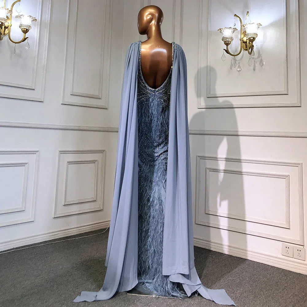 Prom Dress 2025 Beaded Dusty Blue Feather Evening Dress Removable CapeFD1425-unique prom dresses-Dusty Blue-US 2-Viniodress