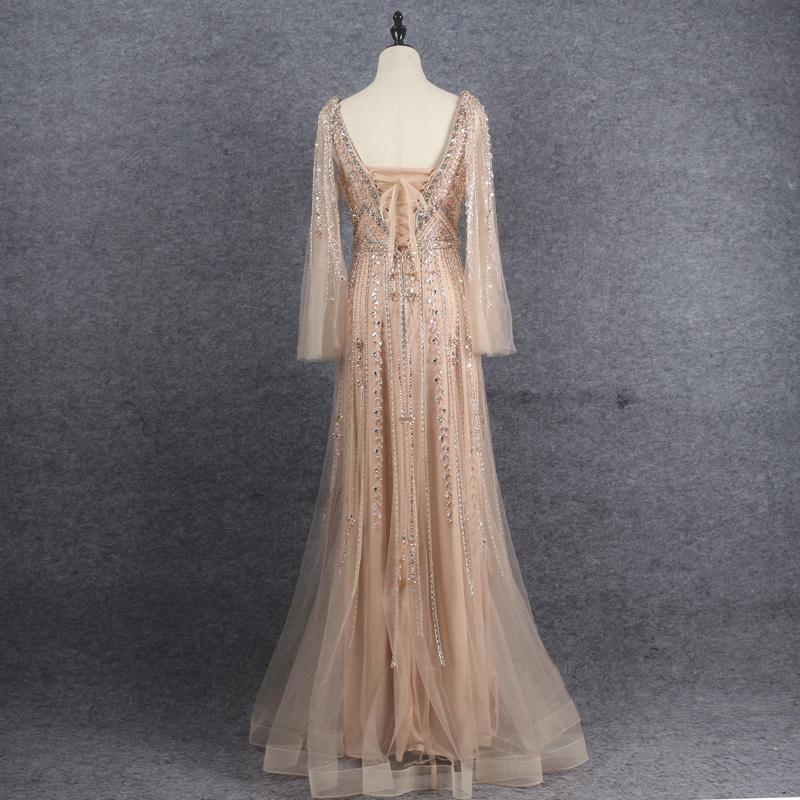 Prom Dress 2025 Beaded Formal Evening Dresses V-neck Long Sleeve Prom Dress FD2606-unique Prom Dresses-Gold-US2-Viniodress