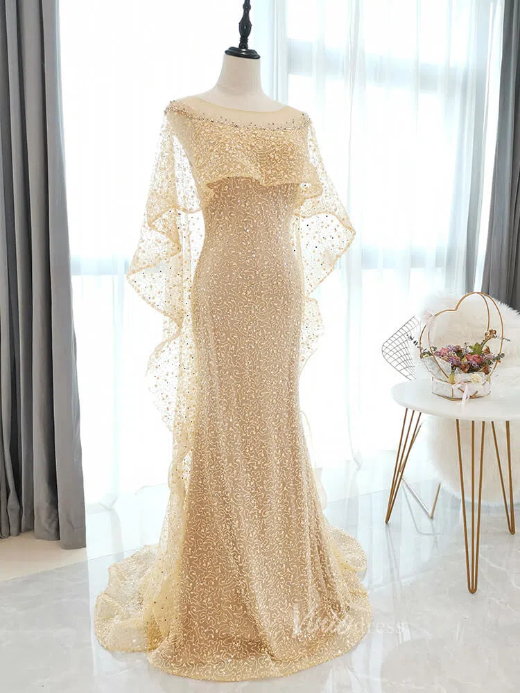 Prom Dress 2025 Beaded Gold Cape Prom Dresses Sparkly Lace Formal Dress FD2826-unique prom dresses-Gold-US 2-Viniodress