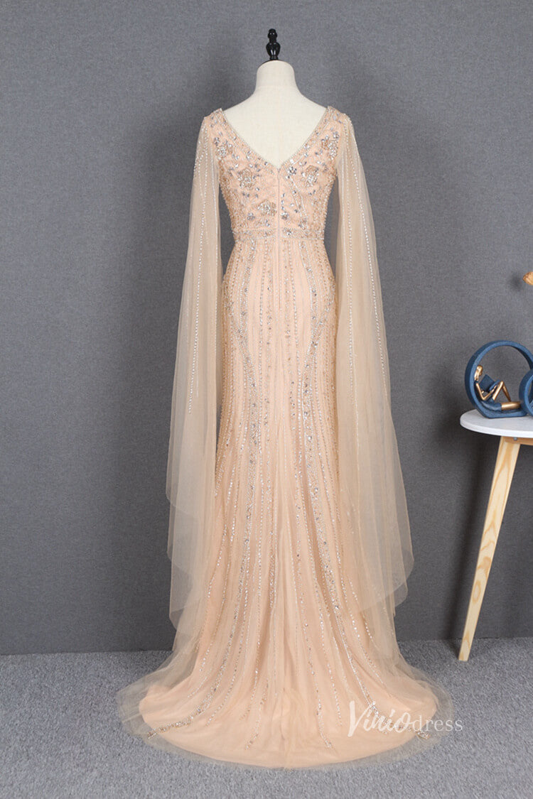 Prom Dress 2025 Beaded Gold Cape Sleeve Prom Dresses with Slit Sheath Evening Dress FD2780-unique prom dresses-Gold-US 2-Viniodress