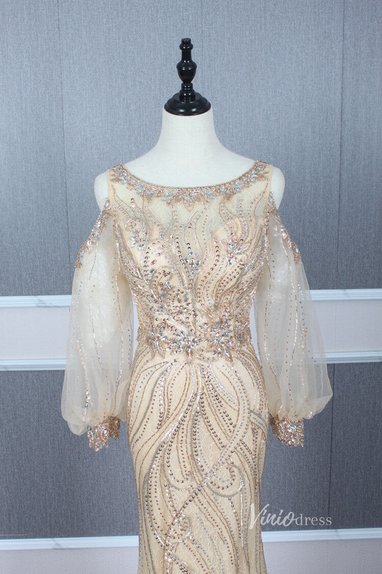 Prom Dress 2025 Beaded Gold Prom Dresses Cold Shoulder Puff Sleeve Evening Dress FD2773-unique prom dresses-Gold-US 2-Viniodress