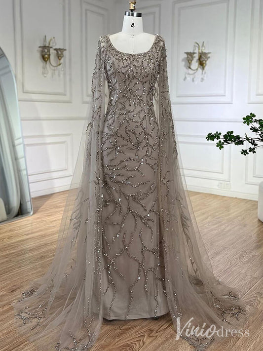 Beaded Lace Sheath Prom Dresses Extra Long Sleeve Pageant Dress AD1239 - ViniodressEvening DressesKhakiUS 2 - Formal Dresses - Ball Gowns