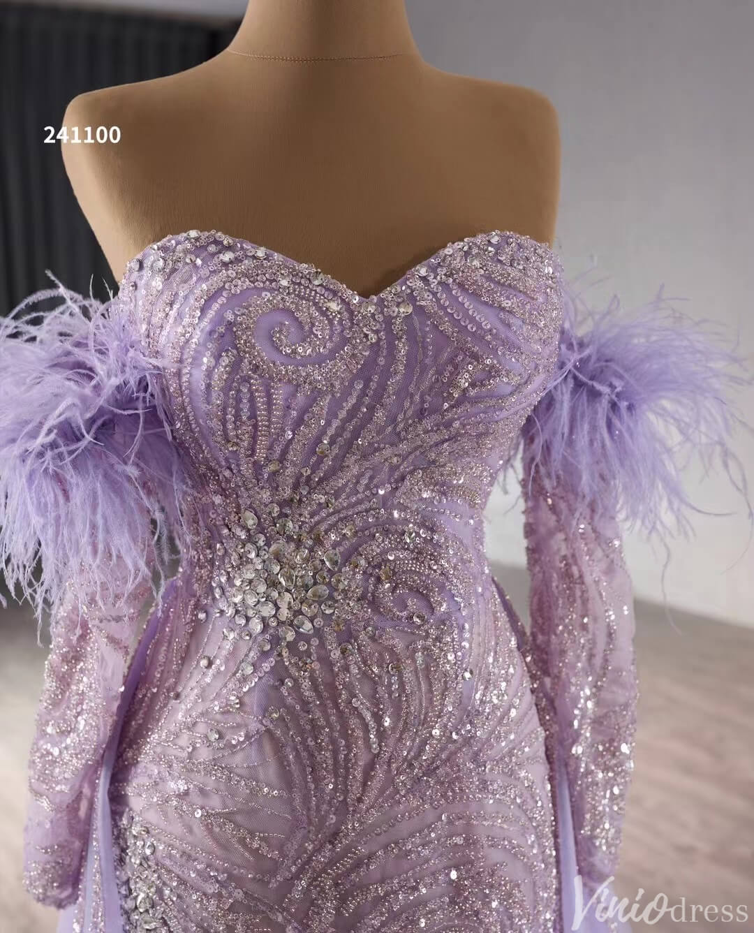 Beaded Lavender Prom Dresses Overskirt Wedding Dress with Slit,Removable Long Sleeves 241100 - ViniodressEvening DressesLavenderCustom Size - Formal Dresses - Ball Gowns