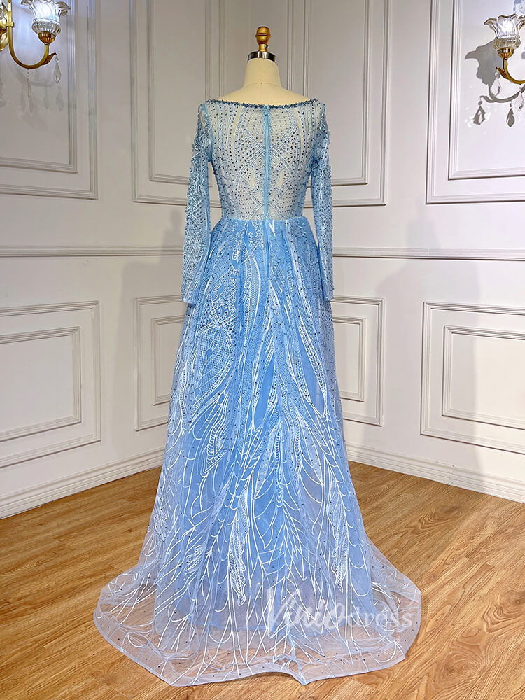 Prom Dress 2025 Beaded Light Blue Lace Evening Dress Long Sleeve Prom Dresses 20025-unique prom dresses-Light Blue-US 2-Viniodress