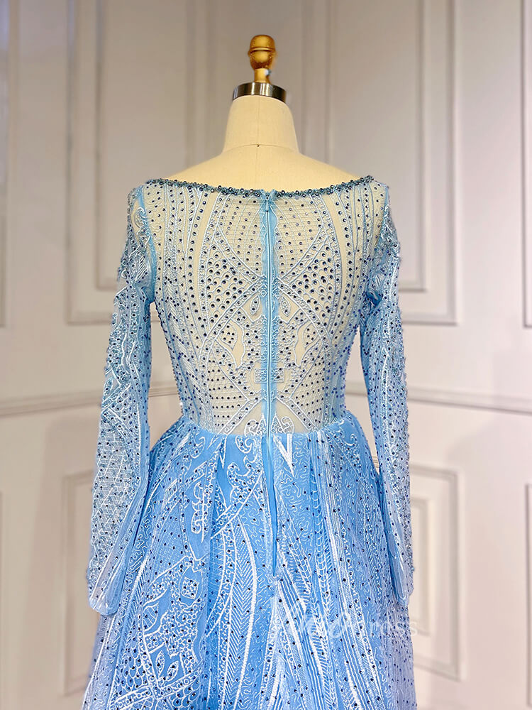 Prom Dress 2025 Beaded Light Blue Lace Evening Dress Long Sleeve Prom Dresses 20025-unique prom dresses-Light Blue-US 2-Viniodress