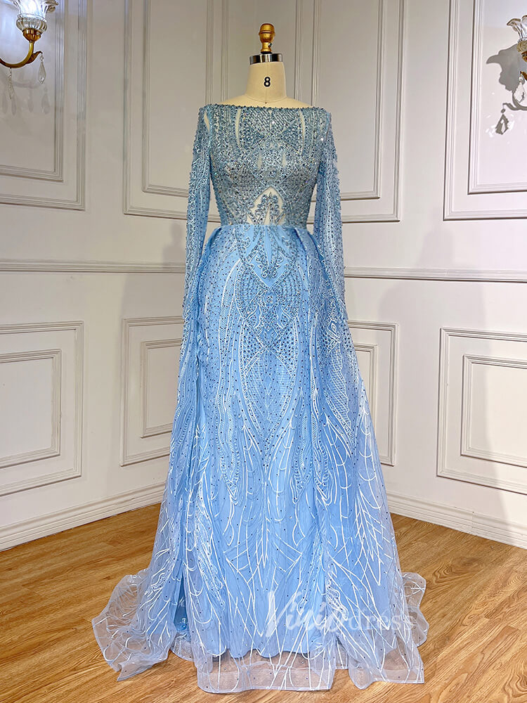 Prom Dress 2025 Beaded Light Blue Lace Evening Dress Long Sleeve Prom Dresses 20025-unique prom dresses-Light Blue-US 2-Viniodress