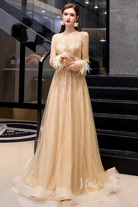 Prom Dress 2025 Beaded Long Sleeve Champagne Tulle Prom Dresses FD2504-unique prom dresses-Champagne-US 2-Viniodress