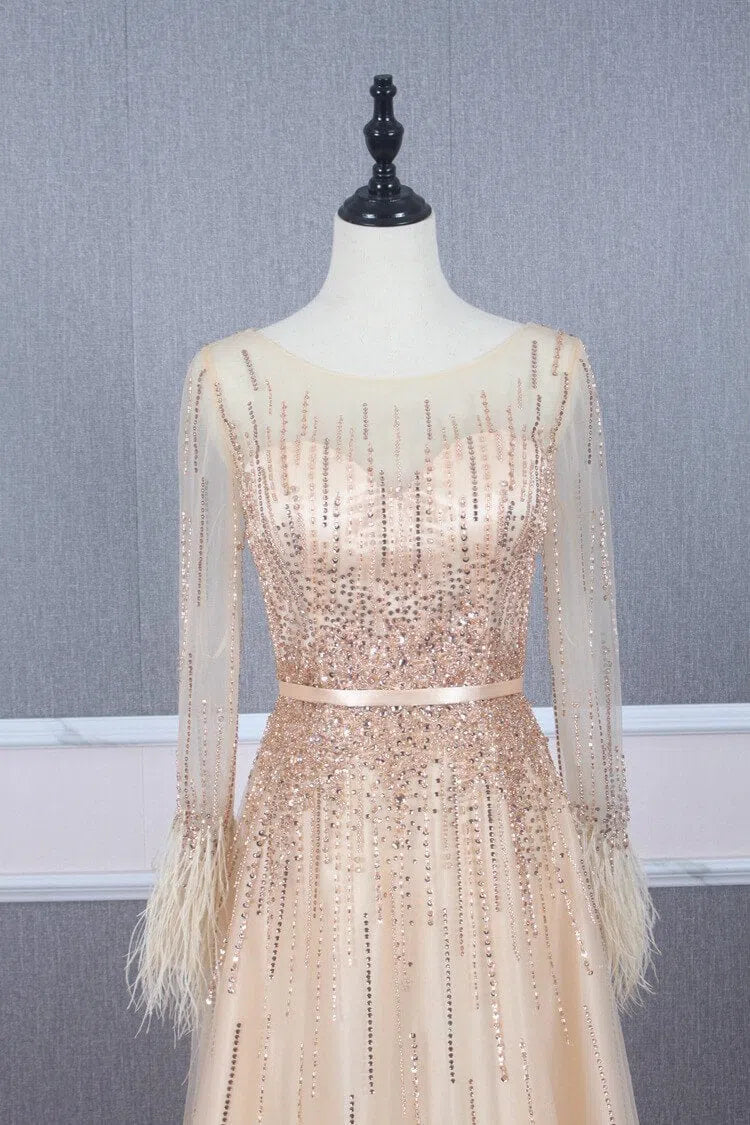 Prom Dress 2025 Beaded Long Sleeve Champagne Tulle Prom Dresses FD2504-unique prom dresses-Champagne-US 2-Viniodress