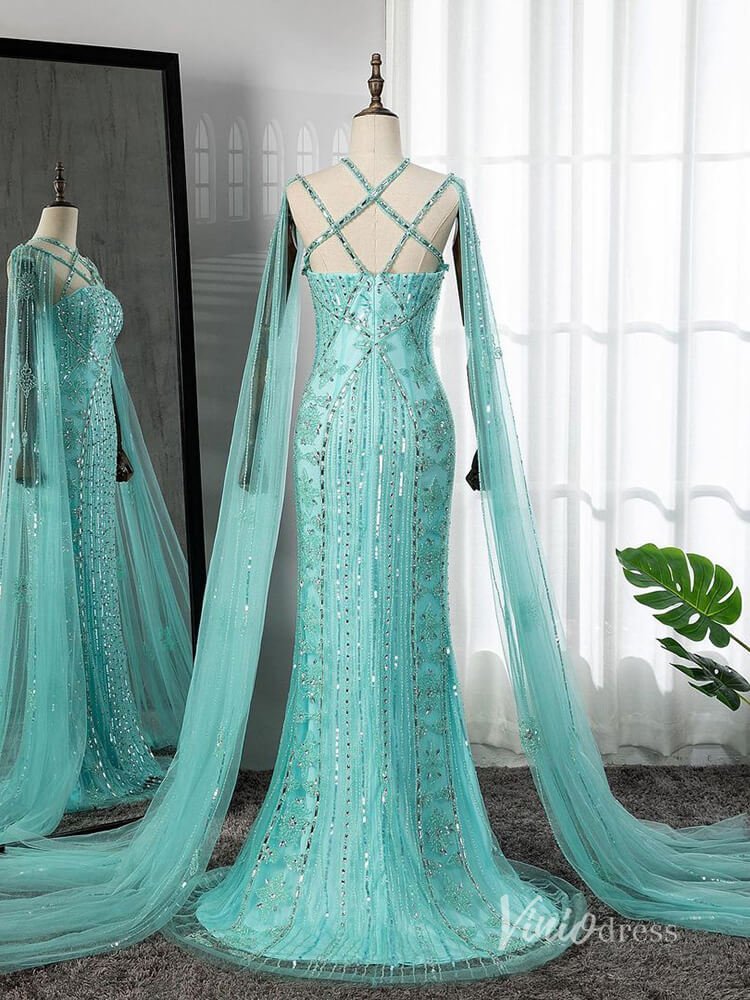 Beaded Mermaid Evening Dresses Extra Long Sleeve Pageant Dress AD1127 - ViniodressEvening DressesBlueUS 2 - Formal Dresses - Ball Gowns