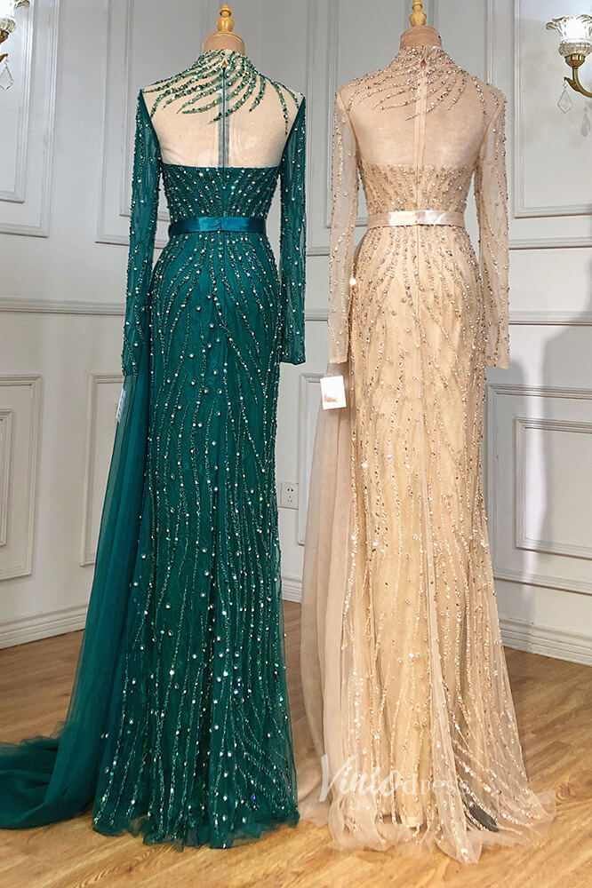 Prom Dress 2025 Beaded Mermaid Formal Dresses Long Sleeve High Neck Pageant Dress FD3002-unique prom dresses-Emerald Green-US 2-Viniodress