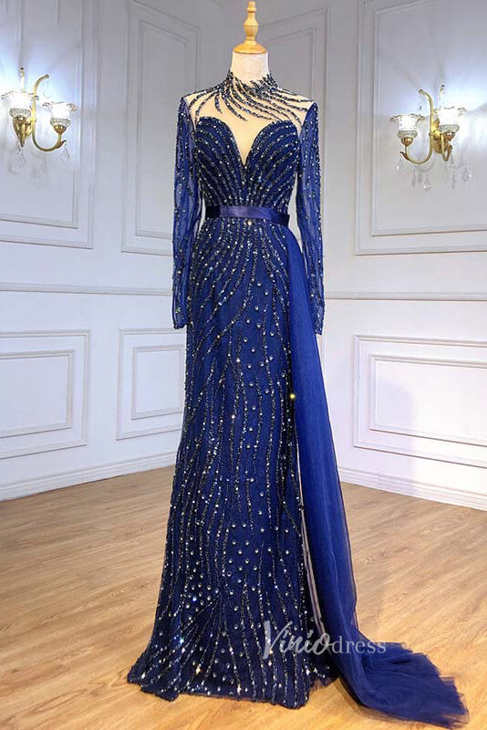 Prom Dress 2025 Beaded Mermaid Formal Dresses Long Sleeve High Neck Pageant Dress FD3002-unique prom dresses-Royal Blue-US 2-Viniodress