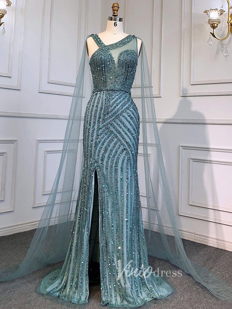 Prom Dress 2025 Beaded Mermaid Prom Dresses with Detachable Cape Evening Dress 20015-unique prom dresses-As Picture-US 2-Viniodress