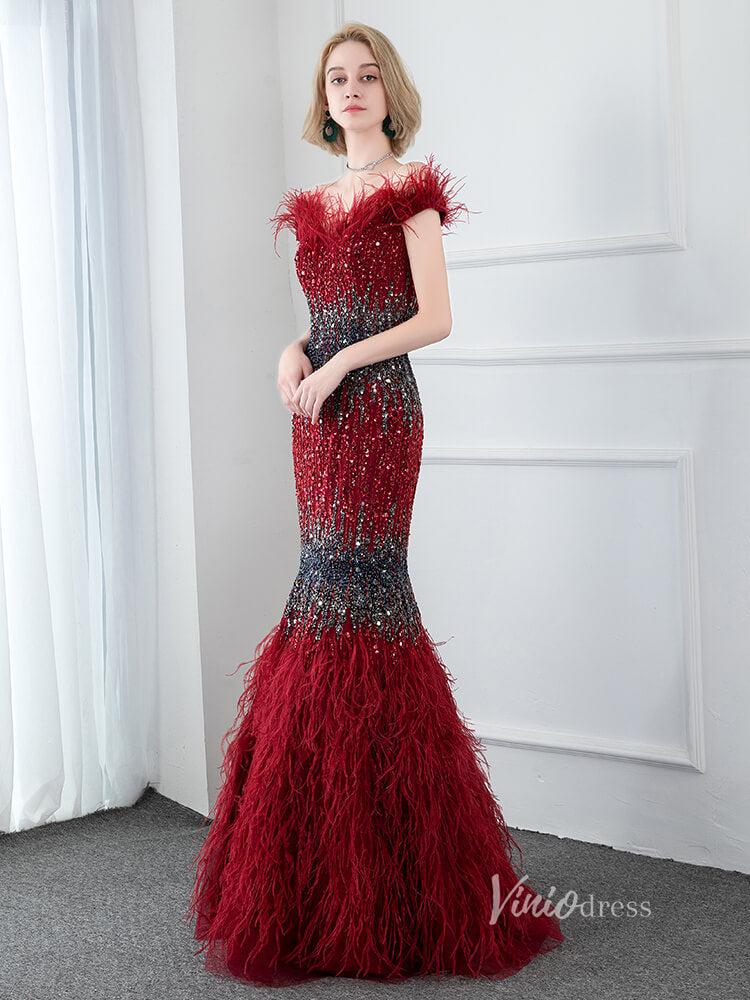 Prom Dress 2025 Beaded Off the Shoulder Feather Evening Dresses Mermaid Holiday Dress FD2794-unique prom dresses-Red-US 2-Viniodress