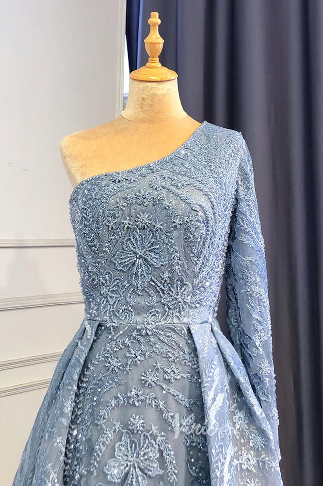 Prom Dress 2025 Beaded One Shoulder Formal Dresses A-Line Lace Applique Prom Dress FD3005-unique prom dresses-Dusty Blue-US 2-Viniodress