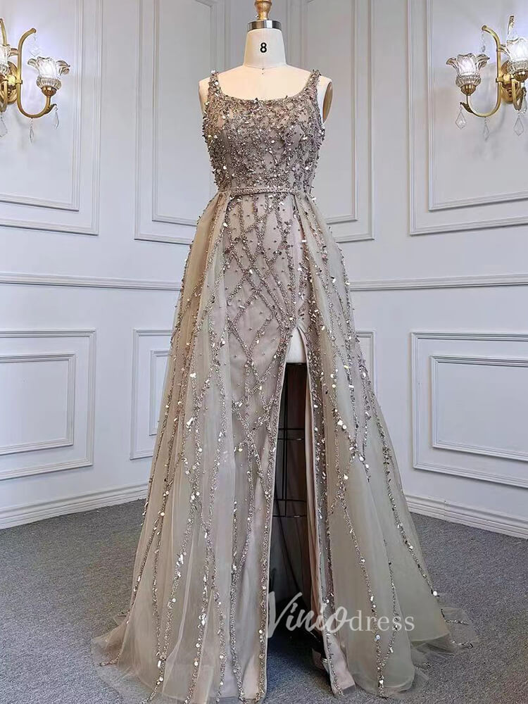 Prom Dress 2025 Beaded Overskirt Sheath Evening Dress with Slit 20033-unique prom dresses-Taupe-US 2-Viniodress