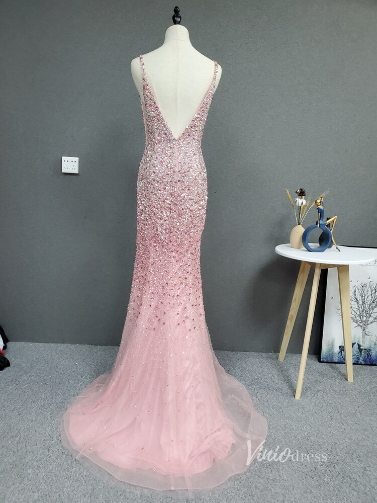 Prom Dress 2025 Beaded Pink Sheath Prom Dress with Slit V-neck Long Evening Dress FD2785-unique prom dresses-Pink-US 2-Viniodress