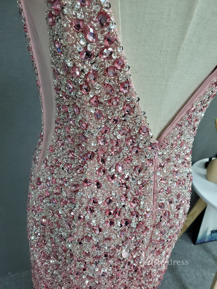 Prom Dress 2025 Beaded Pink Sheath Prom Dress with Slit V-neck Long Evening Dress FD2785-unique prom dresses-Pink-US 2-Viniodress