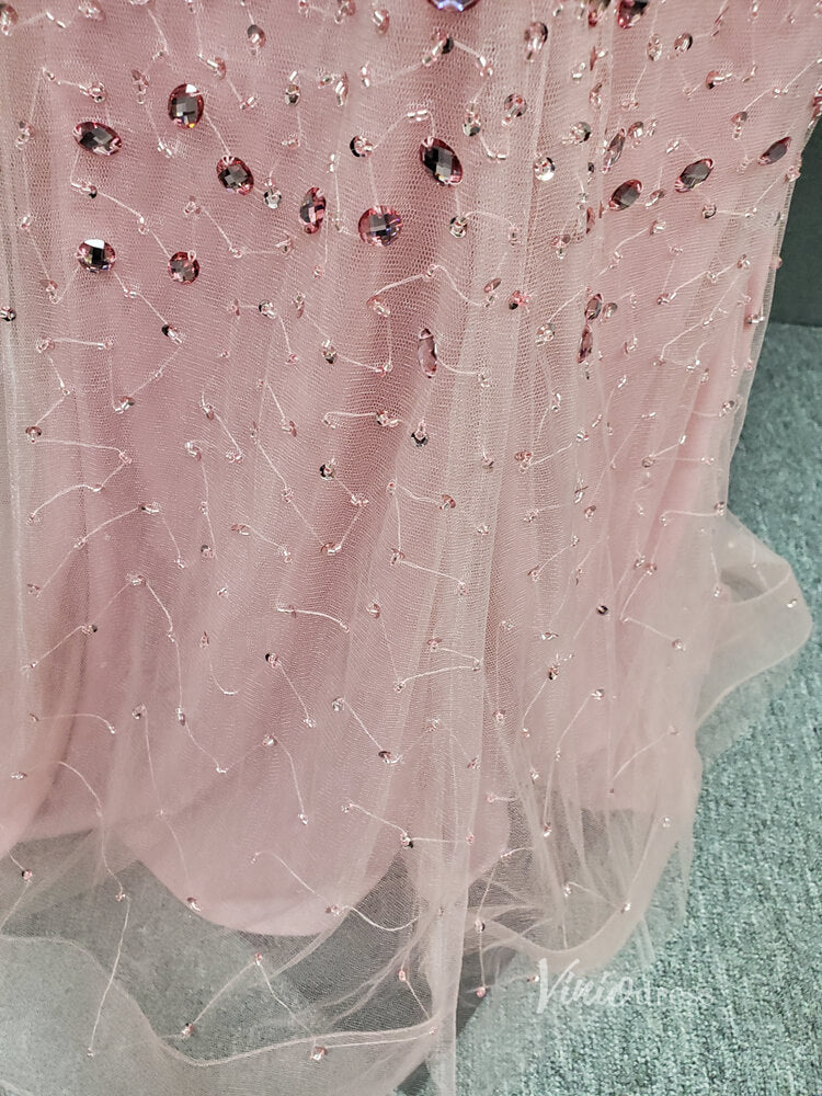 Prom Dress 2025 Beaded Pink Sheath Prom Dress with Slit V-neck Long Evening Dress FD2785-unique prom dresses-Pink-US 2-Viniodress