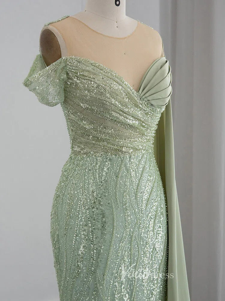 Prom Dress 2025 Beaded Sage Green Prom Dresses Watteau Train 1920s Evening Dress 20076-unique prom dresses-Light Green-US 2-Viniodress