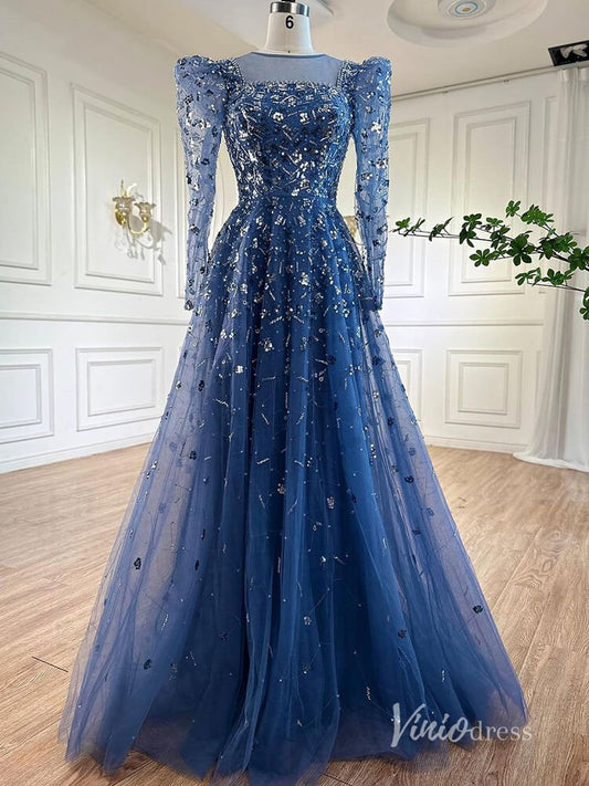 Beaded Sequin Long Sleeve Evening Dresses A - Line Pageant Dress AD1139 - ViniodressEvening DressesBlueUS 2 - Formal Dresses - Ball Gowns