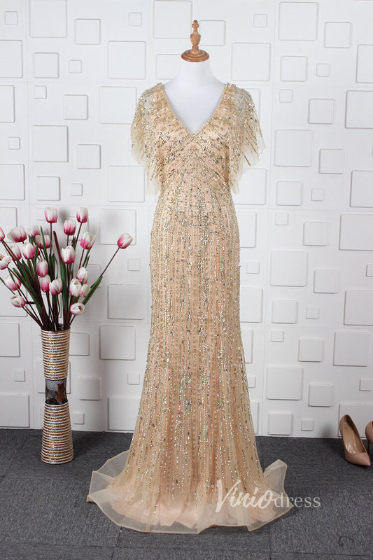 Prom Dress 2025 Beaded Sheath Mother of Bride Dress V-neck Prom Dresses FD2821-unique prom dresses-Gold-US 2-Viniodress