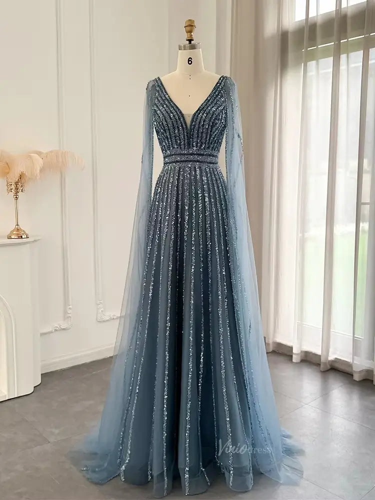 prom dresses 2025 Beaded V-neck Prom Dresses Cape Sleeve Gatsby Formal Dresses 20017B-plus size wedding dresses Viniodress-Dusty Blue-US 2-