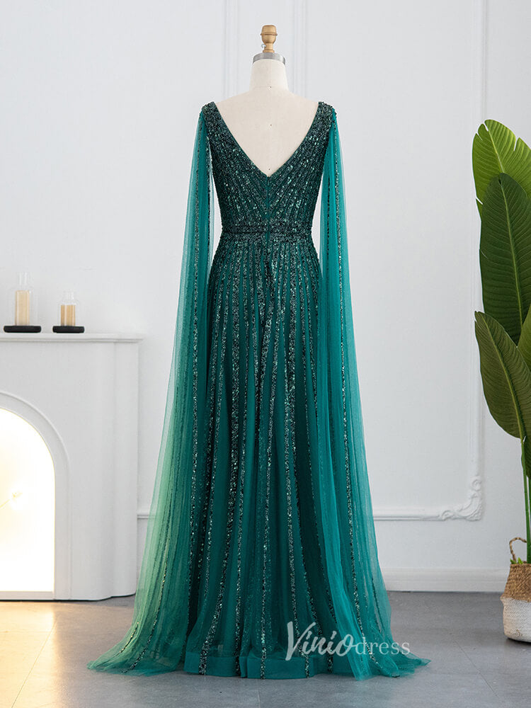 Prom Dress 2025 Beaded V-neck Prom Dresses Cape Sleeve Evening Gowns 20017B-unique prom dresses-Emerald Green-US 2-Viniodress